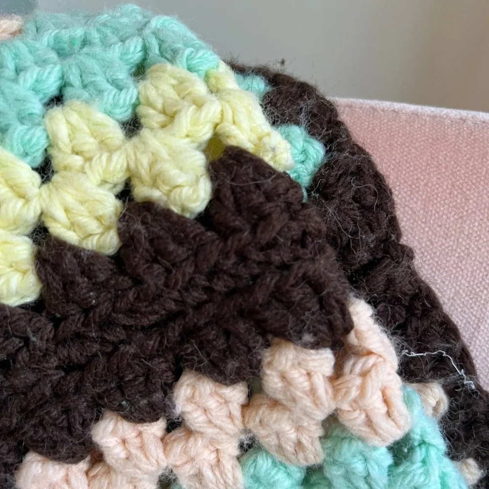 Vintage Handmade Crochet Granny Square Afghan Throw Blanket Brown Pink Boho